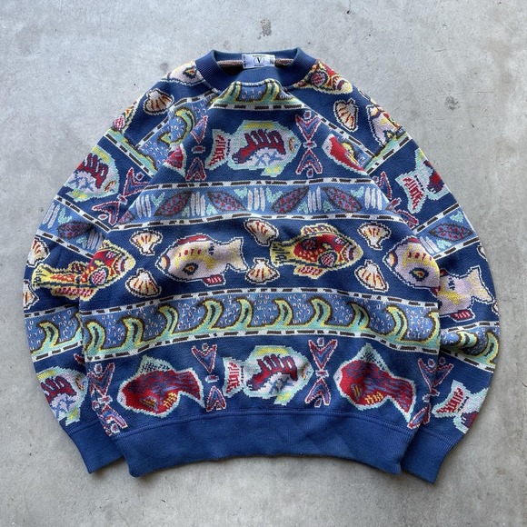 Valentino Other - Vintage Valentino Beachwear Sweater Fish All Over Print 90s Knit Italy L XL